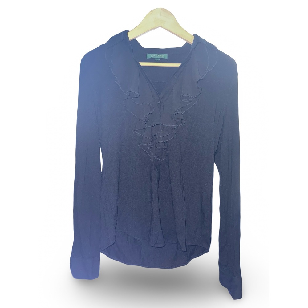 Lauren Ralph Lauren Black Ruffle Front Blouse M | Long Sleeve Stretch Button Up